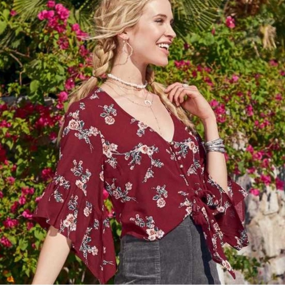 Altar’d State Floral Flowy Burgundy Blouse Size M